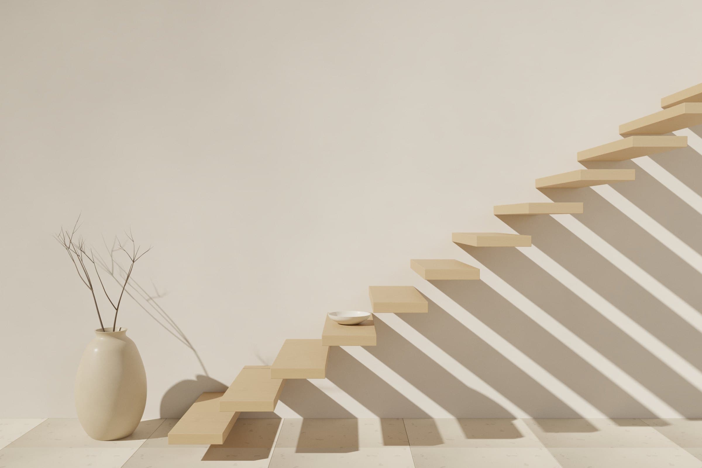 Kragtreppe aus Eiche vor heller Putzwand, Stufenschatten im Streiflicht