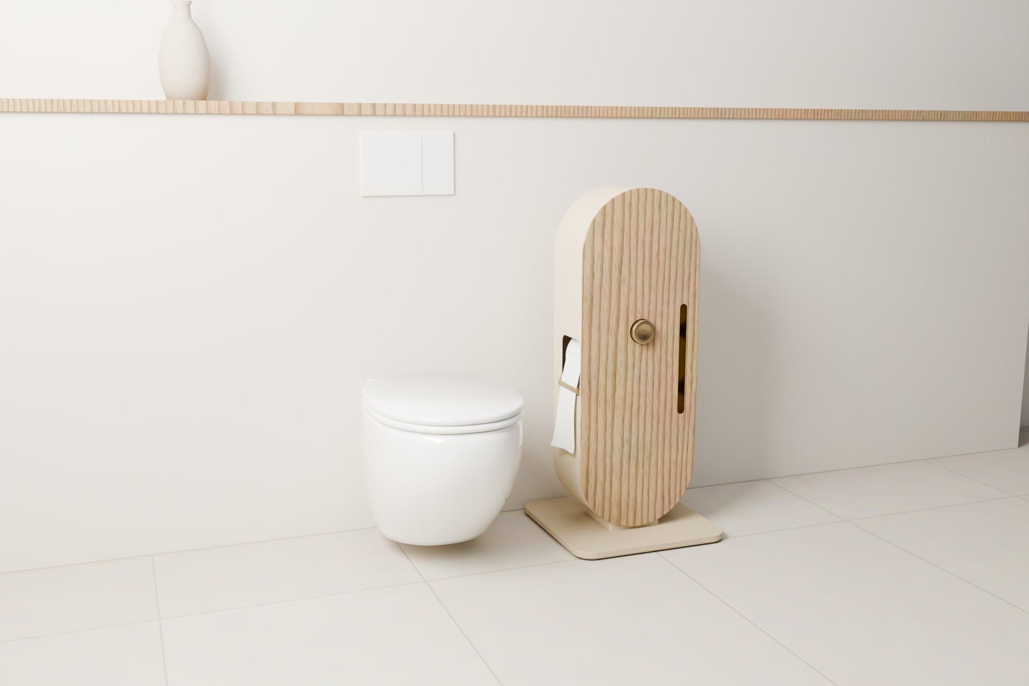 ROLLIQ in the Kinari style with oak front on its stand in a bathroom
