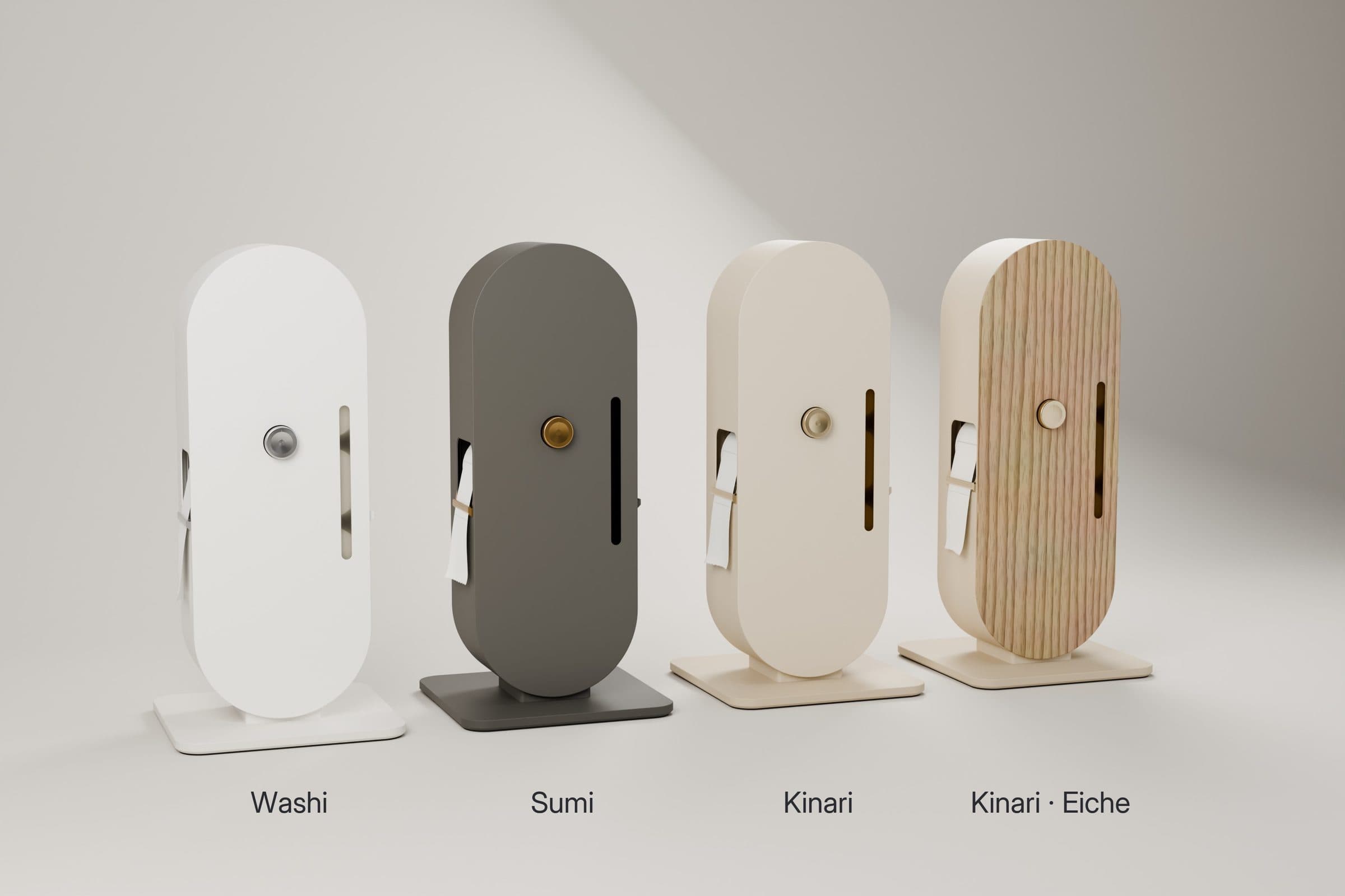 ROLLIQ in the four styles Washi, Sumi, Kinari and Kinari · Oak side by side