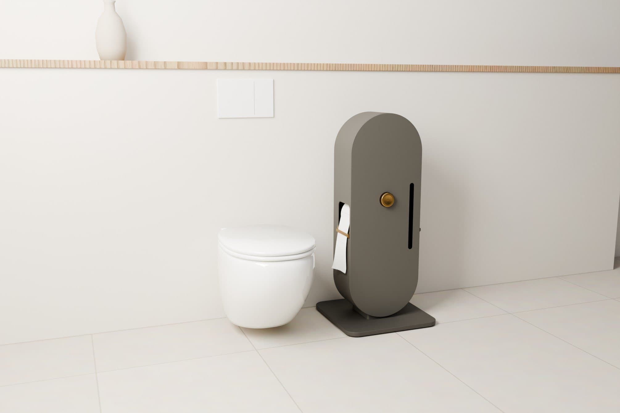 ROLLIQ in the Sumi style on its stand in a bathroom
