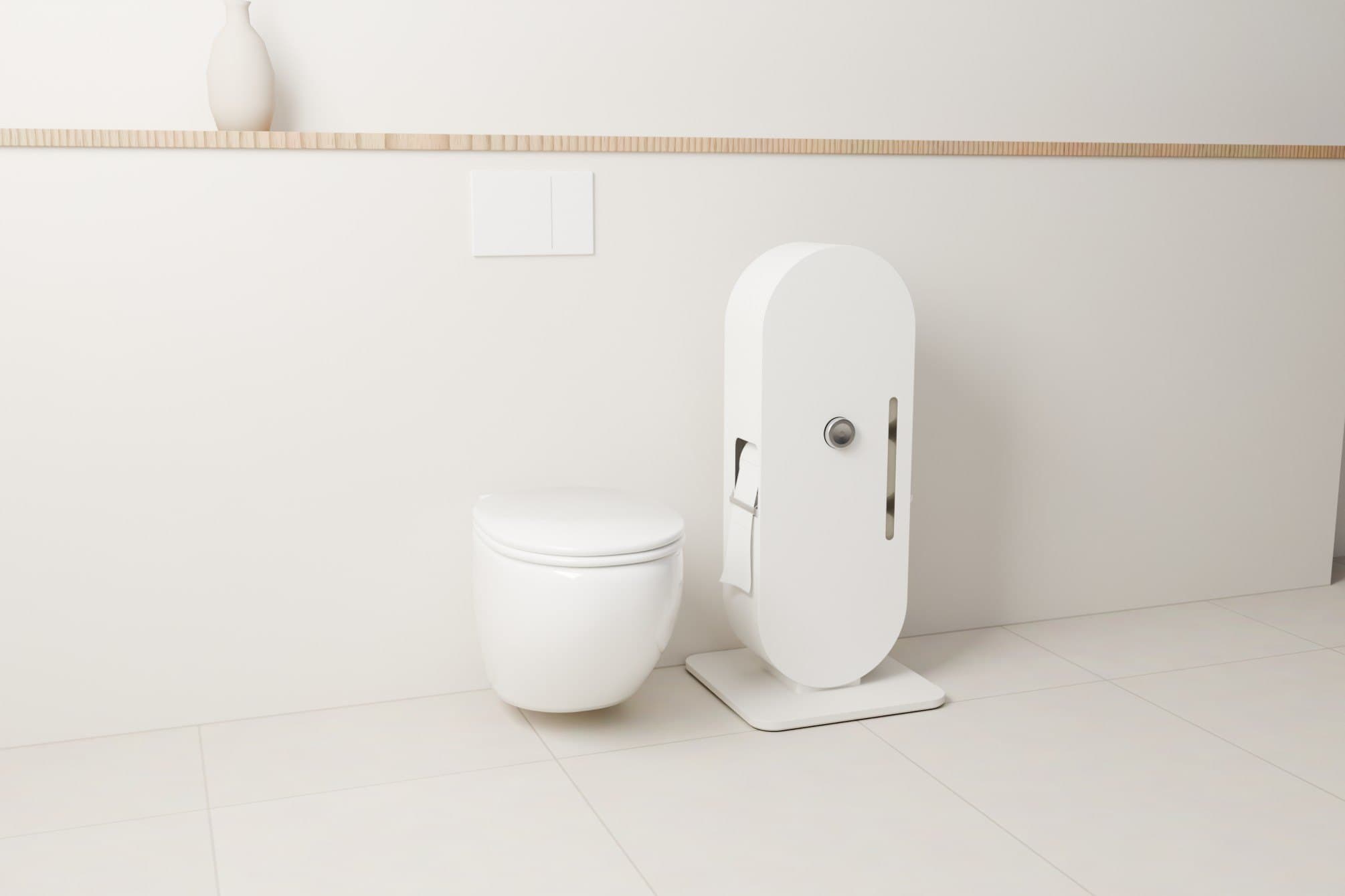 ROLLIQ im Stil Washi auf dem Standfuß neben einem wandhängenden WC in einem hellen Bad